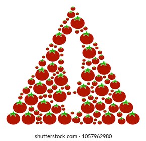 Warning mosaic of tomato in different sizes. Vector tomatoes symbols are composed into warning collage. Vegetarian vector illustration.