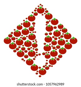 Warning mosaic of tomatoes in various sizes. Vector tomato elements are composed into warning pattern. Vegetarian vector illustration.
