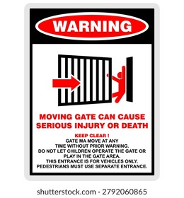 Warning, moving gate can cause serious injury or death. Sign vector