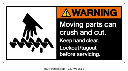 Aviso de que la pieza móvil puede aplastar y cortar mantener la mano limpia símbolo signo, vector de ilustración, aislar en fondo blanco etiqueta .EPS10