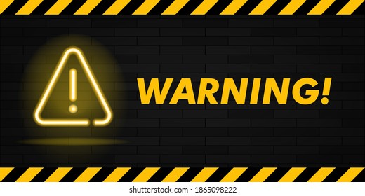 Warning neon text and triangle sign with exclamation mark. Caution design. Night bright neon sign, colorful billboard, light banner. Vector illustration in neon style.