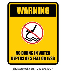 Warning, No Diving in water depths of 5 feet or less, sticker label