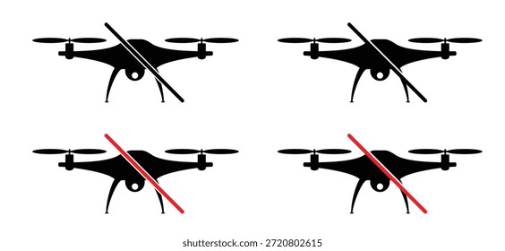 Advertencia, no hay icono de dron volador. Vehículos Aéreas no tripulados y prohibidos. Drones FPV modernos. Aeronaves radiocontroladas. Para filmación, seguridad y espionaje. Zona de vuelo no permitida