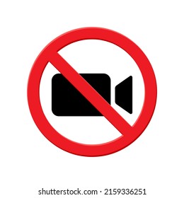 warning no recording, sign of prohibition of video camera, icon in red crossed out circle, vector illustration