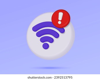 Warning no signal Wi-Fi 3D vector icon symbol Internet network sharing error access not available wireless online communication concept. minimal cartoon on purple background. 3d render elements