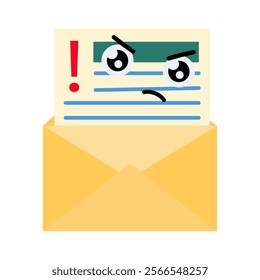 Warning note, letter in an envelope, an evil face.Vector simple color flat illustration.