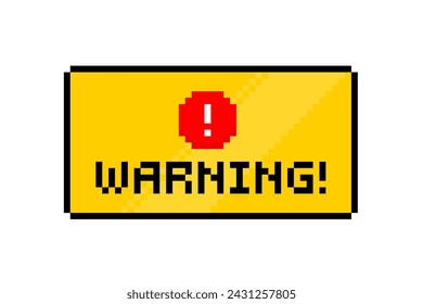 Warning - notice window in retro 8-bit style. Warning message with simple pixel graphics window. 1990s technology caution notice interface message. Geek style