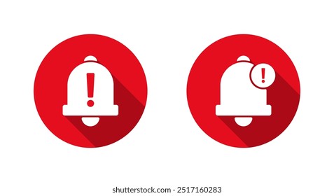 Warning notification bell icon with long shadow. Exclamation mark on bells