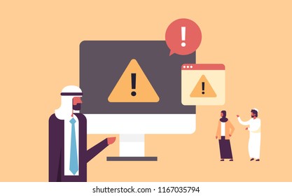warning notification concept danger piracy error arabic businessman problem solution exclamation mark sign security message flat horizontal vector illustration