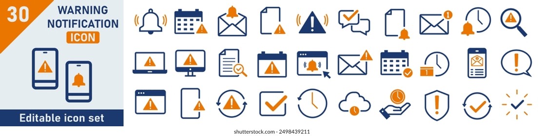 Warning notification icon set. Set of 30 outline icons related to warning, alarm, nothification, time. Linear icon collection. Warning notification outline icons collection. Editable stroke.