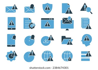 warning and notification icon set. warning, notification,  system error, network error, secured network, etc. solid icon style design. Simple vector design editable