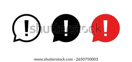Warning notification icon in speech balloon shape. Chat bubble with alert symbol inside