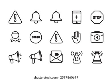 Warning and Notification Icons – Alert, Error, Bell, Stop, and Signal Symbols
