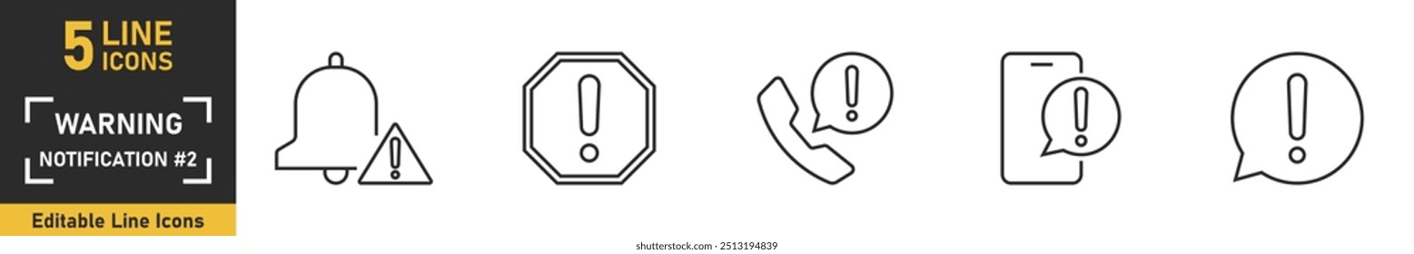 Ícone de linha de notificação de aviso definido. Conjunto de 5 ícones de estrutura de tópicos relacionados a aviso, alarme, notificação, tempo e muito mais. Ilustração vetorial.
