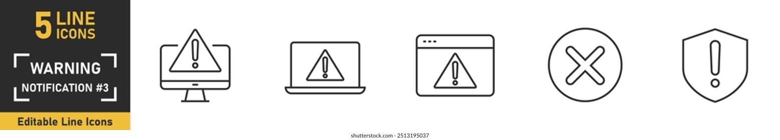 Warning notification line icon set. Set of 5 outline icons related to warning, alarm, notification, time and more. Vector illustration.