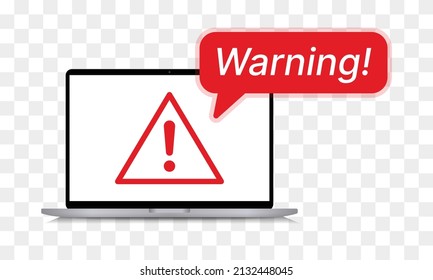 Aviso de advertencia sobre el equipo portátil aislado en un fondo transparente.