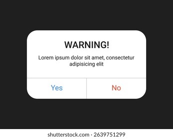 warning notification pop up UI design with yes and no buttons on a dark background for mobile app and web alert interface in a minimal modern style