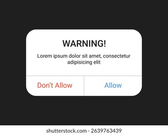 Warning notification pop up UI design with allow and don’t allow buttons on a dark background for mobile app and web alert interface in a minimal modern style
