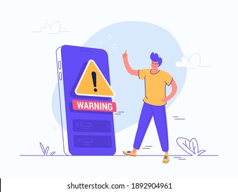 Warning notification symbol on mobile phone app. Flat vector illustration of young man standing near big smartphone and getting caution message on the screen. Information security and virus protection