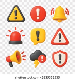 Warning and Notification Vector Icon Set | 3D icon set | triangular warning sign, circular alert, ringing notification bell, siren light, speech bubble with an exclamation mark, red triangular warning sign, megaphone, dark storm cloud with a lightning bolt and exclamation mark alert, red shield icon containing an exclamation mark