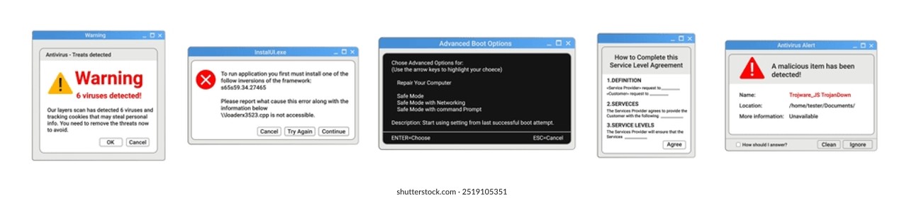 Warning notifications about viruses. Boot menu options. Service level agreement form.