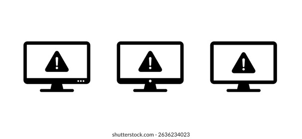 Warning on computer monitor icon set. Security threat information on screen sign symbol