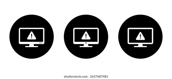 Warning on computer monitor icon set on black circle. Security threat information on screen sign symbol