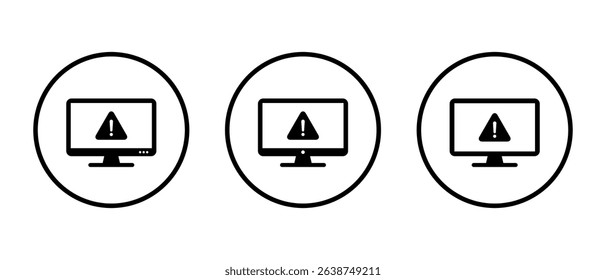 Warning on computer monitor icon set on circle line. Security threat information on screen sign symbol