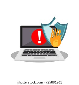 Warning on laptop screen. Security shield broken by cyber attack. Cyber attack concept. Technology background