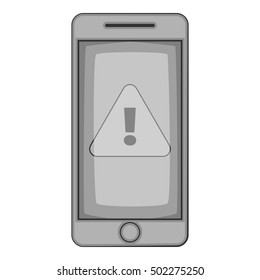 Warning on mobile phone icon. Gray monochrome illustration of warning on mobile phone vector icon for web