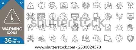 Warning outline icons set. Alert, caution, hazard, safety, danger, risk, attention and more. vector illustrator.