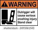 Warning outrigger cause crushing injury sign with symbol. Crushing hazard stand clear of moving outriggers sign. Pictogram icon of feet injury risk, pinched foot, use safety shoes