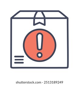 Warning package icon. A cartoon package with a red warning sign. Represents problems with delivery, shipping, or logistics.