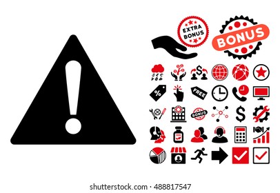 Warning pictograph with bonus design elements. Vector illustration style is flat iconic bicolor symbols, intensive red and black colors, white background.