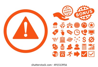 Warning pictograph with bonus design elements. Vector illustration style is flat iconic symbols, orange color, white background.