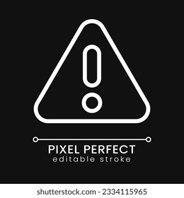 Warning pixel perfect white linear icon for dark theme. Condition and obstacle. Traffic sign. Thin line illustration. Isolated symbol for night mode. Editable stroke. Poppins font used