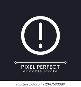 Warning pixel perfect white linear ui icon for dark theme. Exclamation mark in circle. Vector line pictogram. Isolated user interface symbol for night mode. Editable stroke. Poppins font used