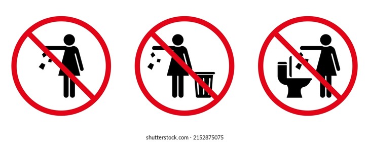 Warning Please Drop Litter in Bin Icon. Keep Clean Glyph Pictogram. Do Not Throw Trash in Toilet Sign and Woman Silhouette Icon. Forbidden Throw Rubbish, Waste, Garbage Symbol. Vector Illustration.