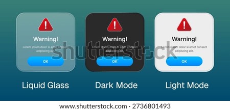 Warning pop up alert error notification with liquid glass style.