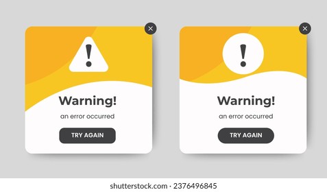 Warning pop up notification icon. flash message. popup window ui design with button for mobile and web. Vector
