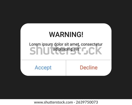 Warning pop up UI design with accept and decline buttons on a dark background for mobile app and web alert interface in a minimal modern style