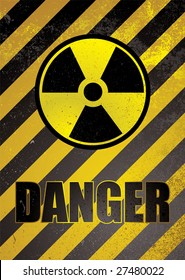 Warnposter auf gelben und schwarzen Streifen mit nuklearem Bild
