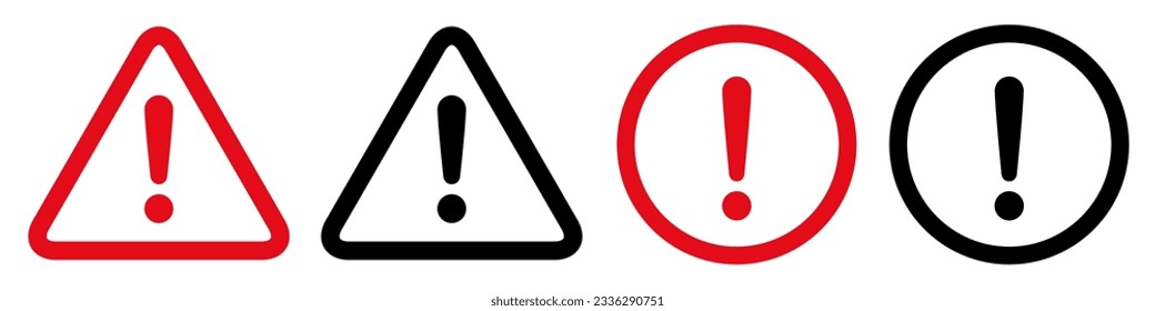 Warning, precaution, attention, alert icon, set exclamation mark in triangle and circle shape - stock vector