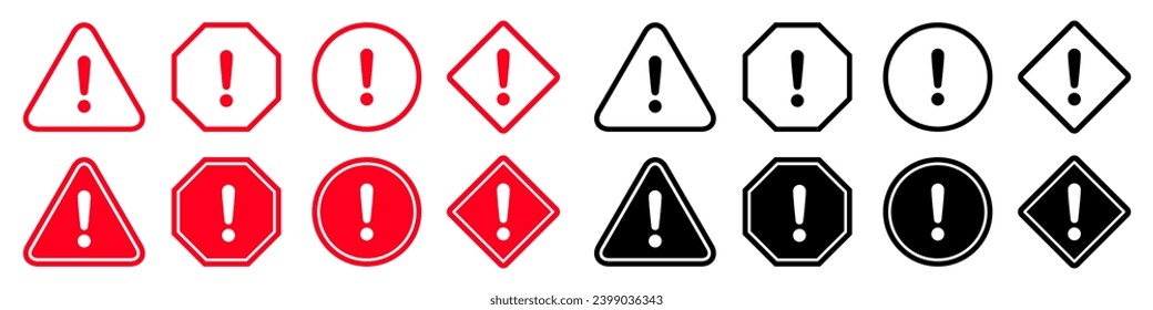 Warning, precaution, attention, alert icon, set red and black exclamation mark in different shape – stock vector