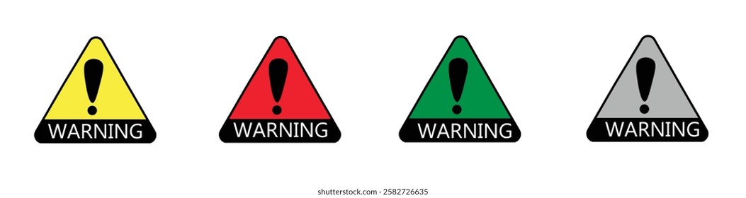 Warning, precaution, attention, alert icon, set exclamation mark in triangle shape for stock . Warning Vector Symbol in a black filled and outlined style. Safety Notice Sign.