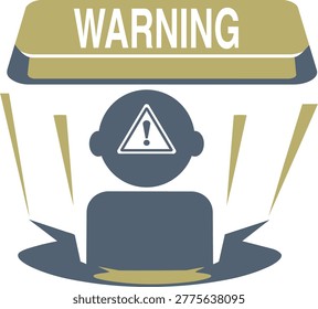Warning pressure concept with button controlling human through fear and alert signals. Conceptual illustration of a WARNING button pressing on a person, representing fear-based control, threat signaling and psychological pressure in modern systems.