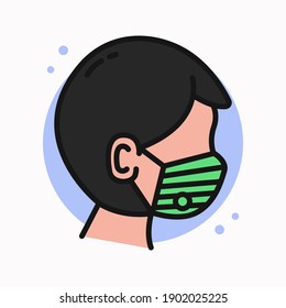 Warning Prevention Virus and Bacteria Logo Cartoon. Man Wear Medical Mask Icon Filled Line. Face Mask Vector Illustration
