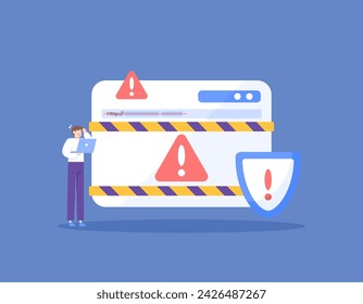 Advertencia y protección de los usuarios de sitios web sospechosos. Impedir el acceso a direcciones de sitios web malintencionados. Sistema de seguridad y navegador seguro. ilustración concepto diseño. elementos gráficos. Vector