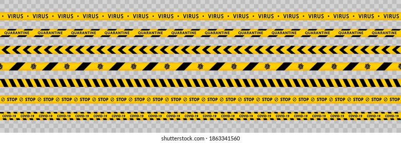 Warning quarantine tape set. Coronavirus stop stripes. Covid-19. Seamless ribbons barricade. Black and yellow striped.