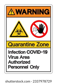 Warning Quarantine Zone Infection Covid-19 Virus Area Authorized Personnel Only Symbol Sign, Vector Illustration, Isolated On White Background Label. EPS10